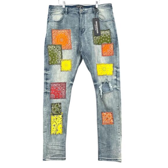 Serenede Distressed Patchwork Multicolor Embroidered‎ Ripped Jeans Mens 40 - Picture 1 of 10